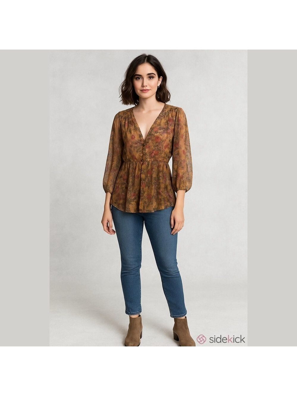 Anthropologie Gretchen Top Semi-Sheer Smocked Tunic 3/4 Sleeve Floral Boho Large